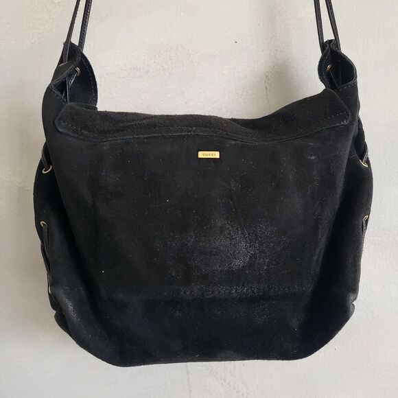 GUCCI Suede Heart Black Shoulder Bag Leather Stitch Side 10 x 9 Rare Unique - Picture 6 of 12